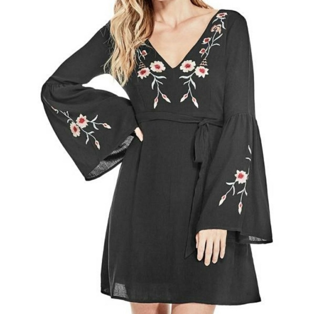 Guess Embroidered Long Sleeve Black Floral Dress Size Small